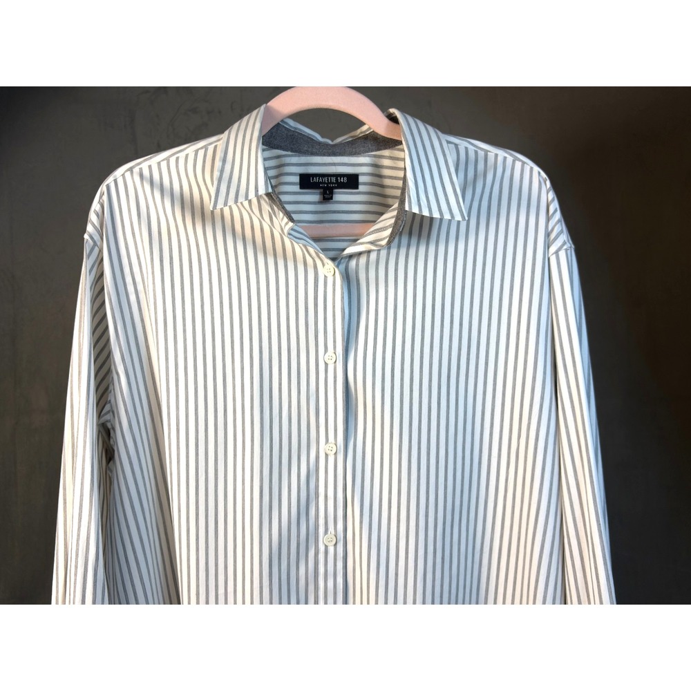Lafayette 148 NY Womens Button Up Shirt Grey Stripe Cotton Stretch Prep Career L